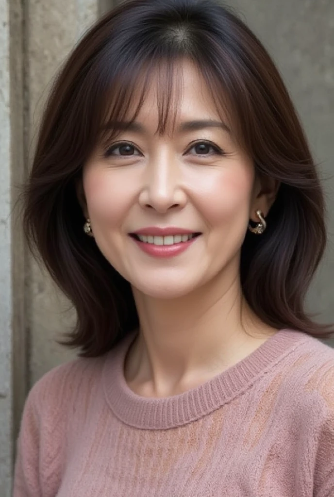 Mature Woman,  ( detailed description of hair ), (Detailed description of the face), (Detailed description of the body), high definition , masterpiece,  top quality,  high detail, formal: 1.4), ( realistic : 1.2, 超 realistic な: 1.1,  realistic: 1.37), ( Sharp Focus : 1.4),  is written by,  physical based rendering, Wavy hair, ,  unrivaled beauty , (Ultimate beauty), (lipstick:1.1), ( eyeliner :1.2), ( mascara), ( Eye Shadow ), (48 years old,: 1.4), Japanese、 close-up 、 fine lines of laughter :1.2、seductive smile,(Dusty rose and diamond knitting pattern sweater)、( Concrete wall background )