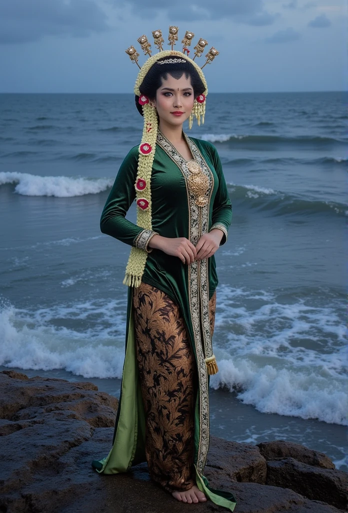  beautiful woman in traditional traditional Javanese robe dress of green color. Green Javanese traditional batik sarong.  Wearing a green shawl tied to the belly .  silver , cuffs, collar, with intricate carved gold crown.  in front of the camera . nice detail .  And nice .  On The Rock. Standing stepping foot on the rock looks the white waves crashing into her. Background in the middle of the blue sea waves flying in the air. No light Dark night . °mix4 , 20d,hyper-realistic:1.37),16K HD