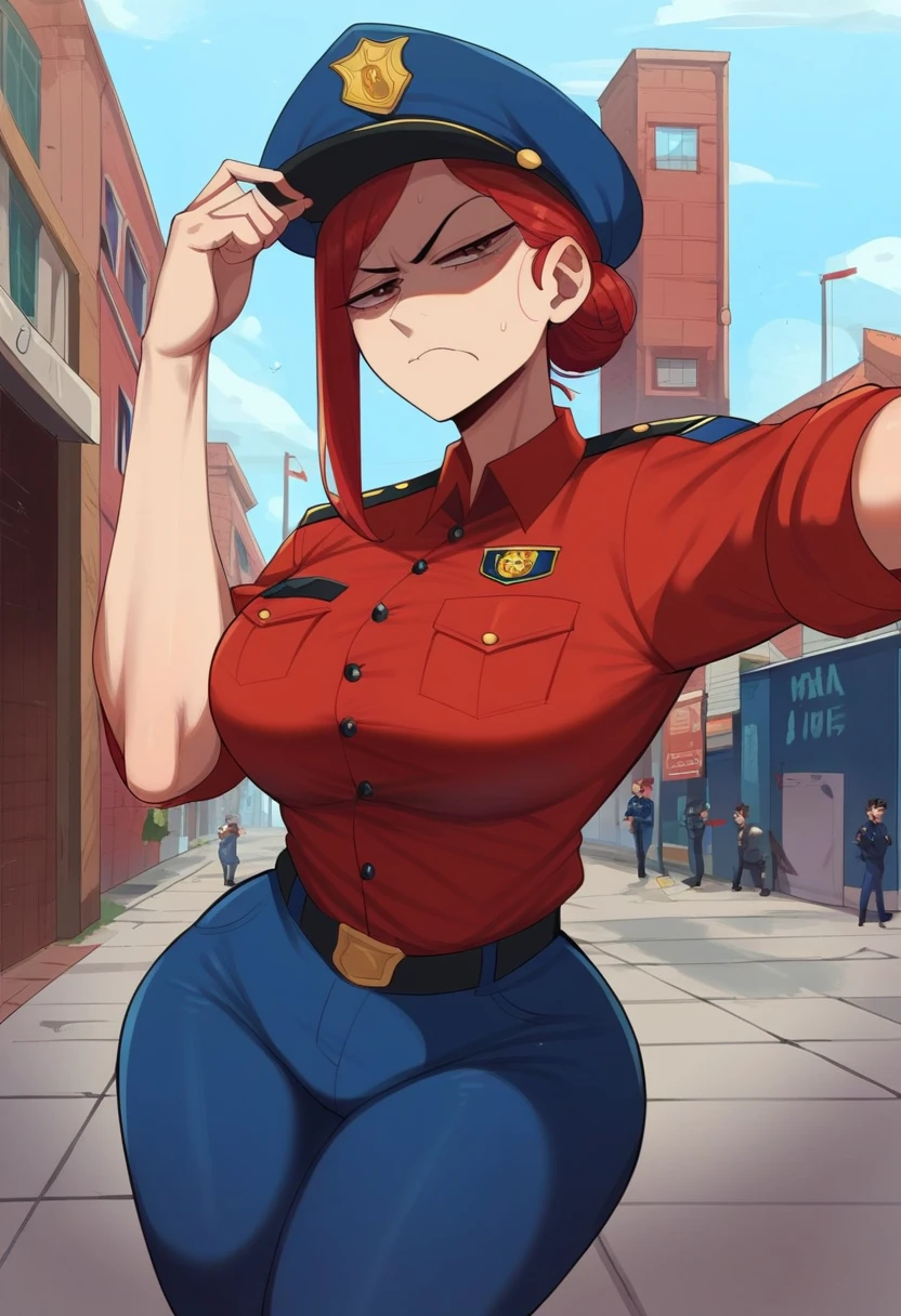 (best quality, masterpiece), 1girl,dark red hair,hair tied on a single bun,female cop, USA police uniform, cop hat, blue pants, big butt, very wide hips, modest breasts, brown eyes, annoyed face,white skin, street background