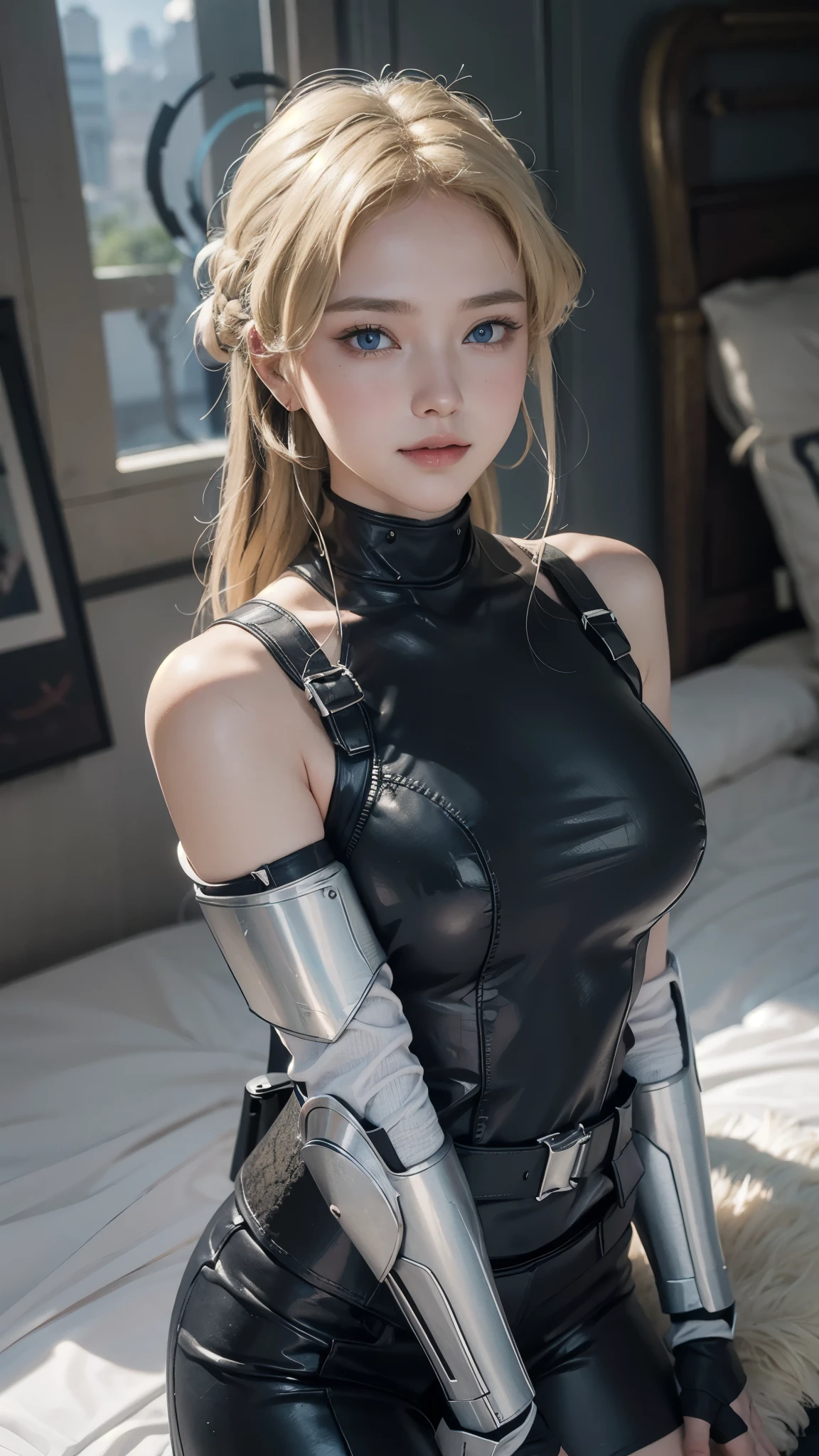 Asuma Toki,(best qualityer,4K,8k,high resolution,work of art:1.2)(weather: cloudy), Mondstadt castle background, castle siege battle, shield maiden outfit, knight shoulder armor, sleeveless knight top, tight pants, side waist armor, elbow long fingerless gloves, knight breast plate, knight corset, tall boots, necklace, loop earrings, knight harness, cheek mole, short wavy hair, blonde hair, ultra detailed, realistic, portrait,beautiful detailed blue eyes, glowing eyes,blush,beautiful detailed lips,extremely detailed eye and face, long eyelashes,sexy,average, large breasts,beaming smile, sexy smile, powerful girl, combat pose, stunning curves, bright coloured, dramatic lighting,