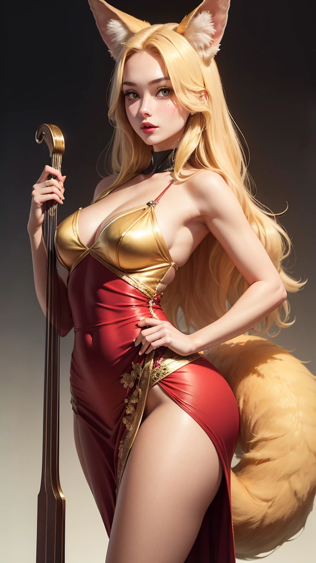 masterpiece: 1.2, best quality), realistic, (real image, intricate details, depth of field), (1girl, solo), makeup, split lips, highly detailed, perfect face,
(huge breasts:1.6), (skin dentition), thick thighs, wide hips, small waist, tall and huge ass
blonde hair, wearing micro bikini, lots of skin on display, sexy, dye, seductive, cleavage, high heels, ear fox, tail fox