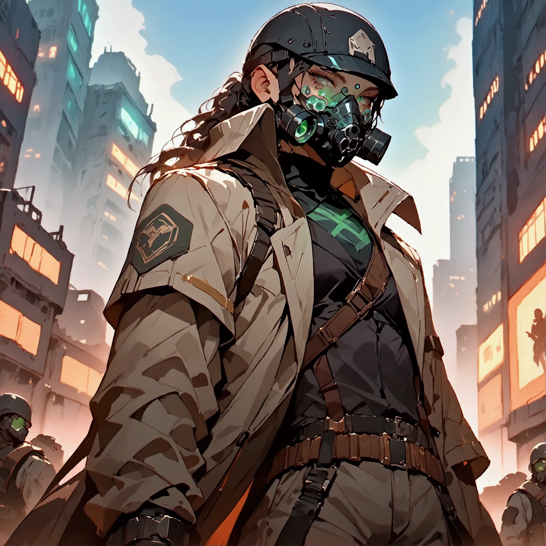 masterpiece, newest, absurdres, safe, high detailed, masterpiece. high detailed, male, Male, black helmet, green lenses gas-mask, grey coat, black shirt, and baggy cargo pants. Faceless, mechanical features like mask and limbs. Post-apocalyptic ruined city background with dark, low-key lighting. overcoat, sci-fi soldier. coat flowing with the wind, Upperbody. Sci-fi soldier, Cyberpunk soldier