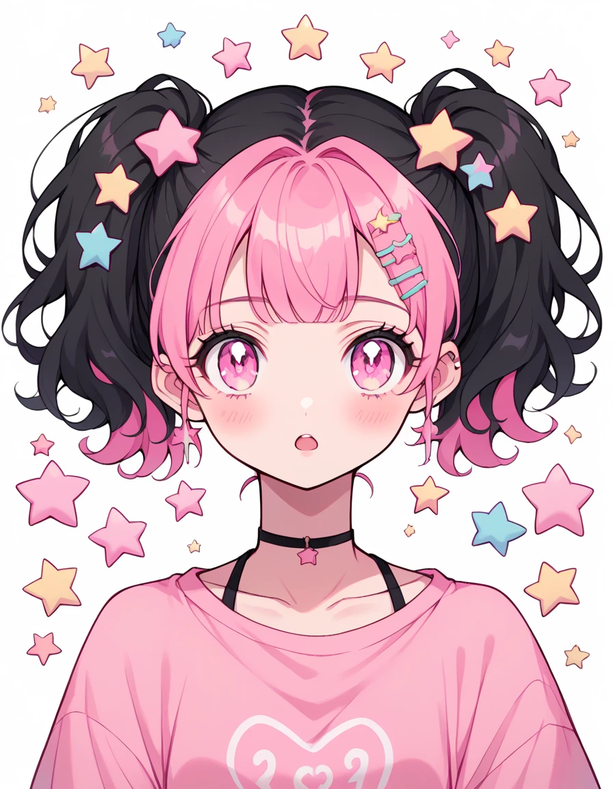 neondskdrmsxl, score_9_up, score_8_up, score_7_up, score_6_up, 1girl, solo, pastel colors, open mouth, ight pink eyes,. body hair: wavy short Hair color: with short black hair and inner pink hair, star , (symbol), starwavy short Hair color: with short black hair and inner pink hair, hair ornament, twintails, looking at viewer, pink eyes, pastel neon lighting, source_anime, neon, neon theme , black hair pink inner