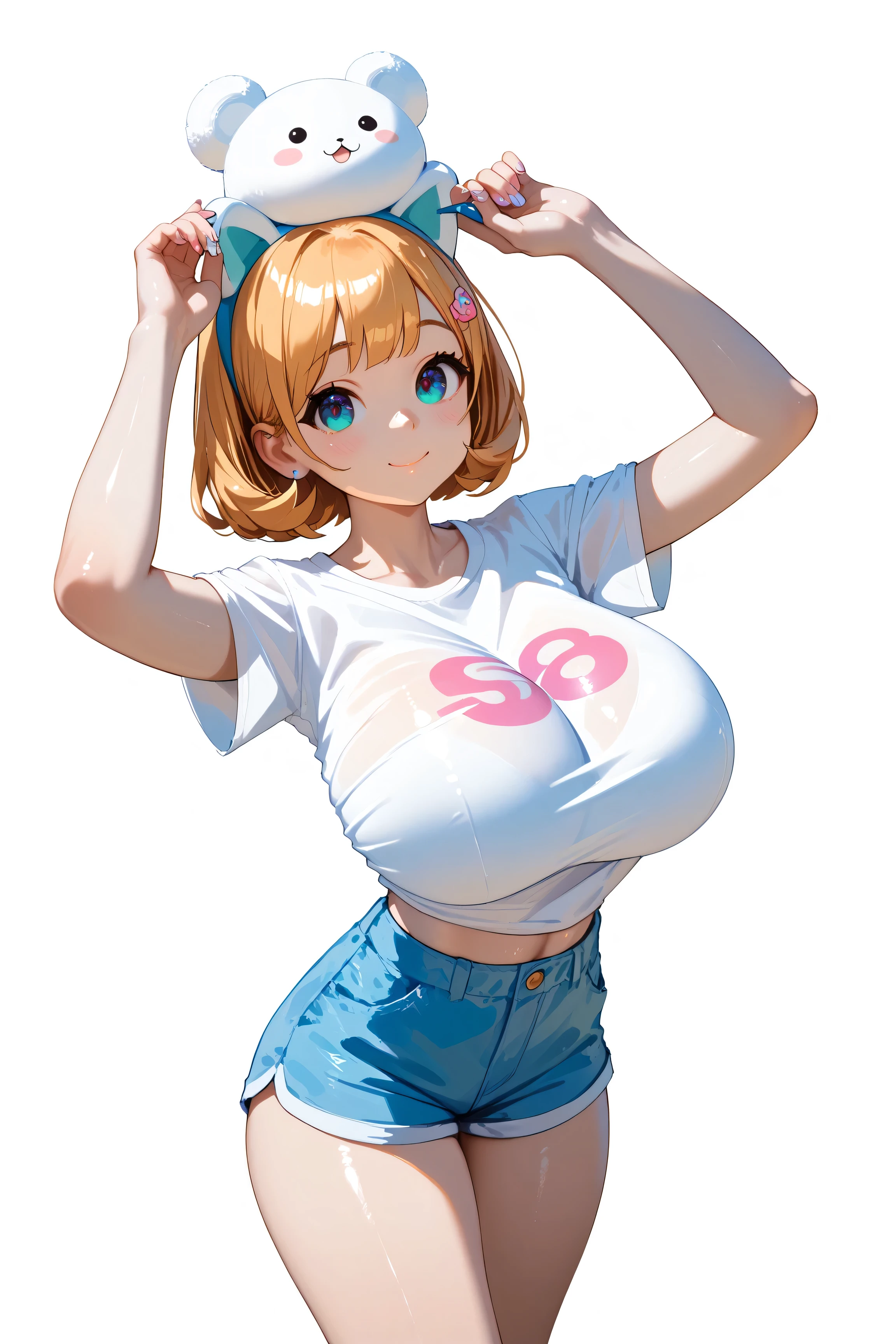 cute girl . Very kawaii , round face . alone , Slim , huge breasts , short and small . shiny skin . Pure white tube top T-shirt . shorts . dynamic poses . dynamic angle . No background , White background , looking at the audience