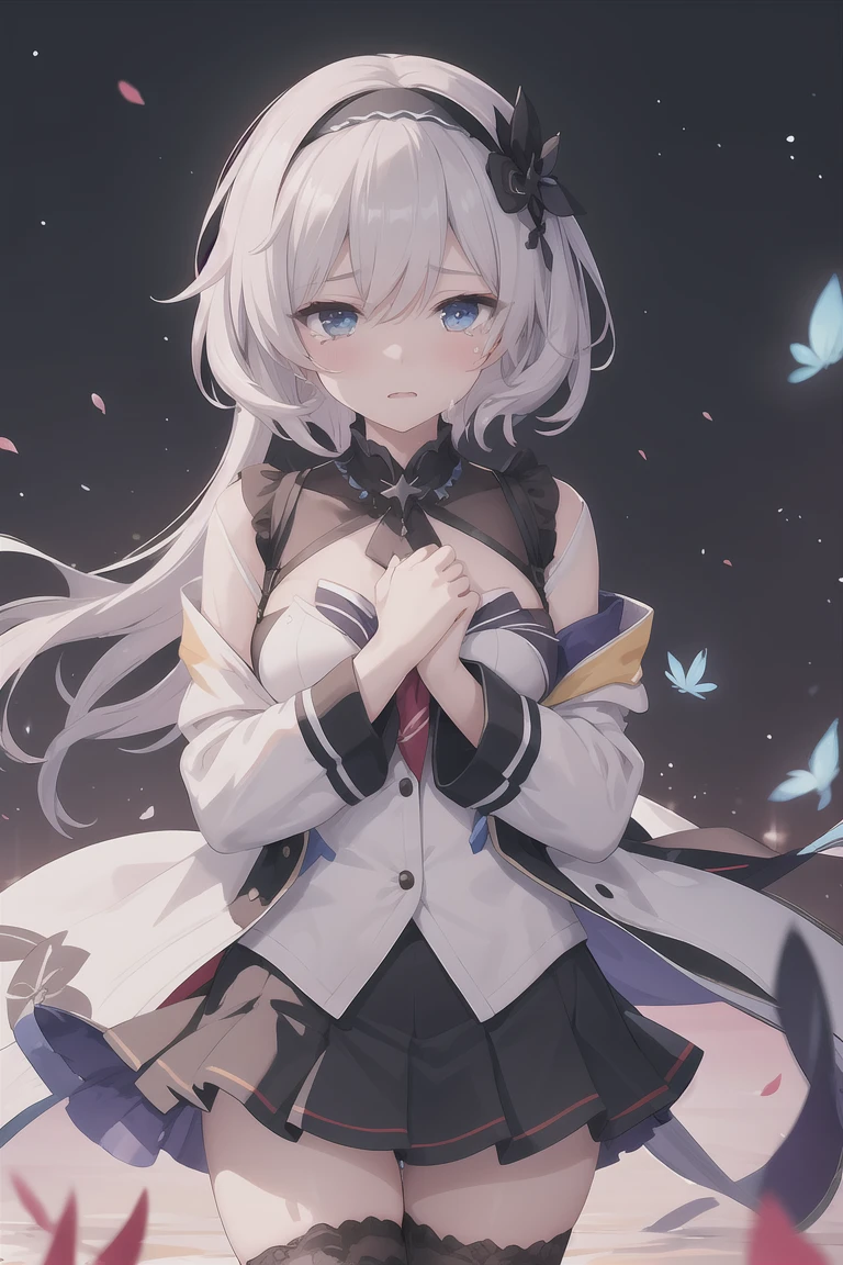 1girl, firefly \(honkai: star rail\), solo, black thighhighs, hairband, gradient skirt, hair ornament, blouse, cropped jacket, yellow neckerchief, cowboy shot, standing, floating, floating hair,  depth of field, hands on own chest, crying with eyes open, bokeh, fireflies, night, masterpiece