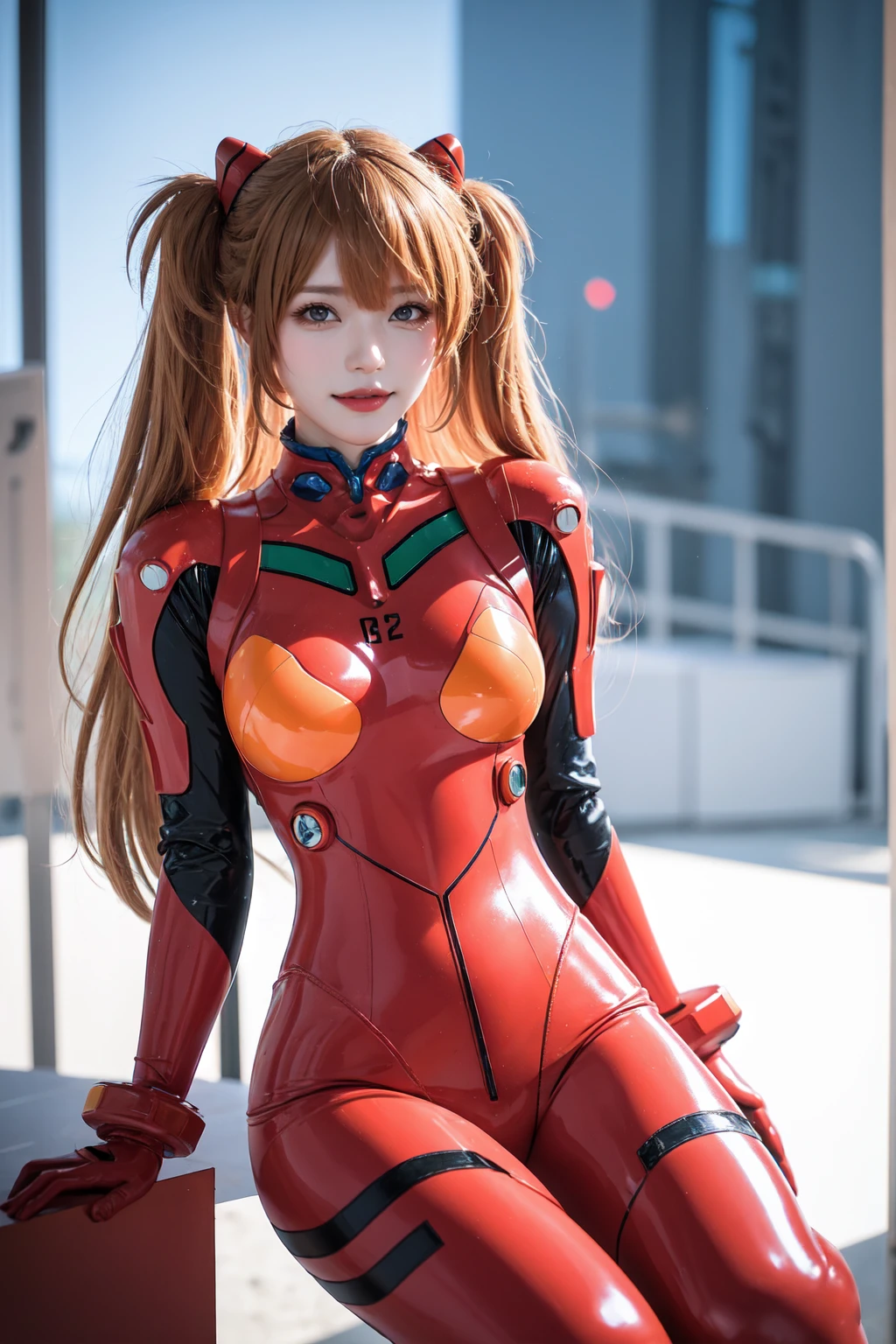 best quality, masterpiece, realistic, photorealistic, 1girl, solo, looking at viewer, full body, kneeling, long hair, asuka cosplay costume, cosplay, plugsuit, bodysuit, hair ornament, simple background, crying