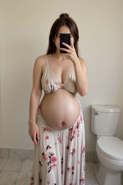 Realistic white pregnant woman, Brown hair, in clothing fitting room, wearing red sexy summer dress, small breasts, Golden necklace, with husband, smiley expressions, selfie mode photo, photo from the side