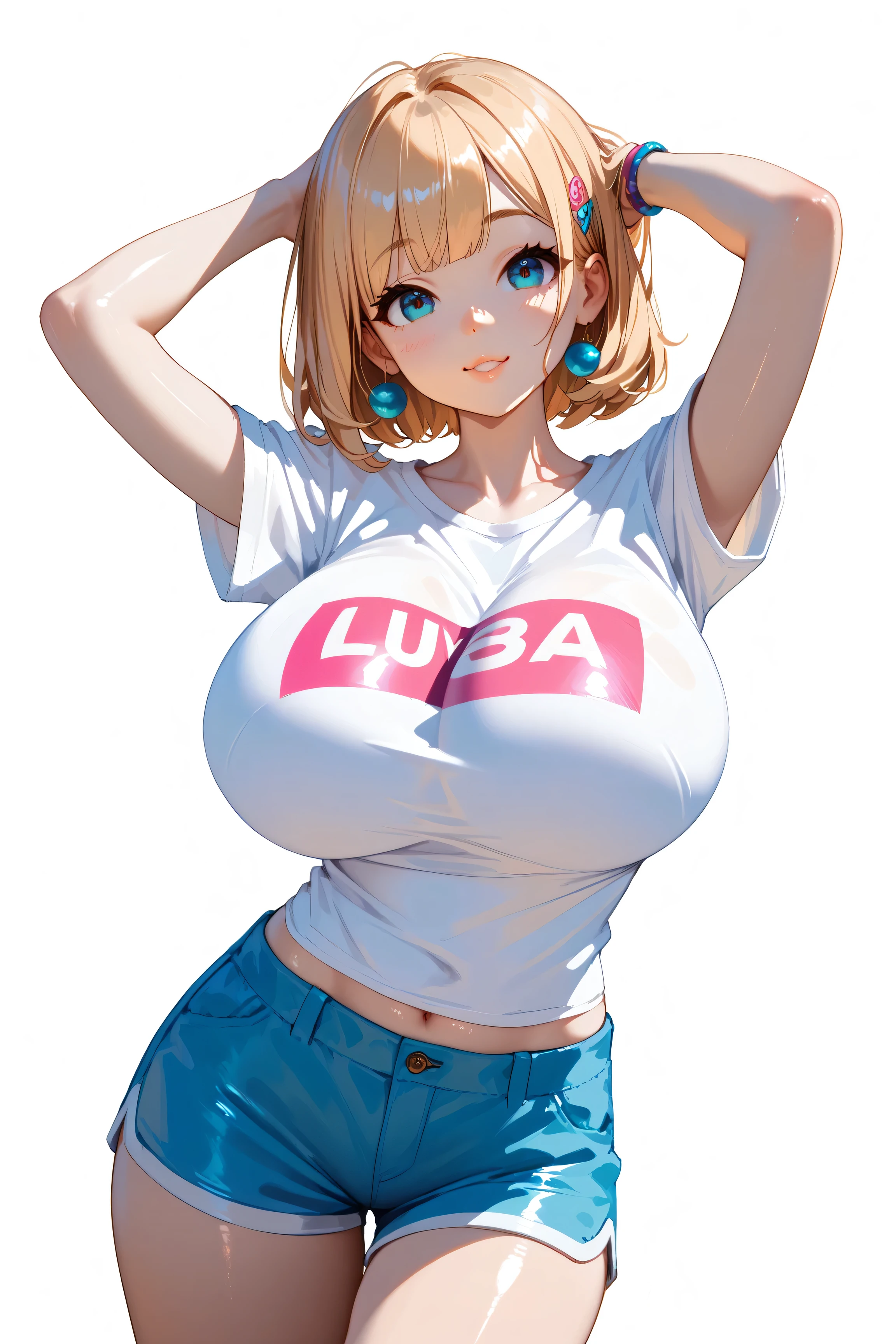 cute girl . Very kawaii , round face . alone , Slim , huge breasts , short and small . shiny skin . Pure white tube top T-shirt . shorts . dynamic poses . dynamic angle . No background , White background , looking at the audience