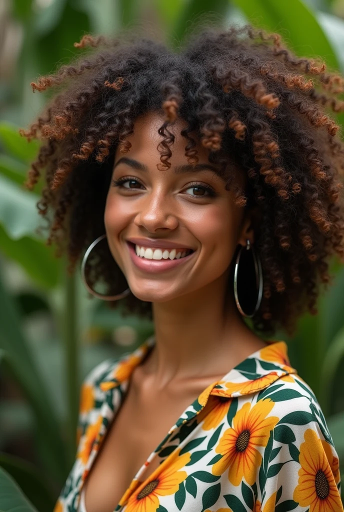 An Afro-Brazilian female model with a black fabric in an outdoor area simulating a photo studio wearing an open shirt with a floral print, showing off your natural charm and outgoing personality.