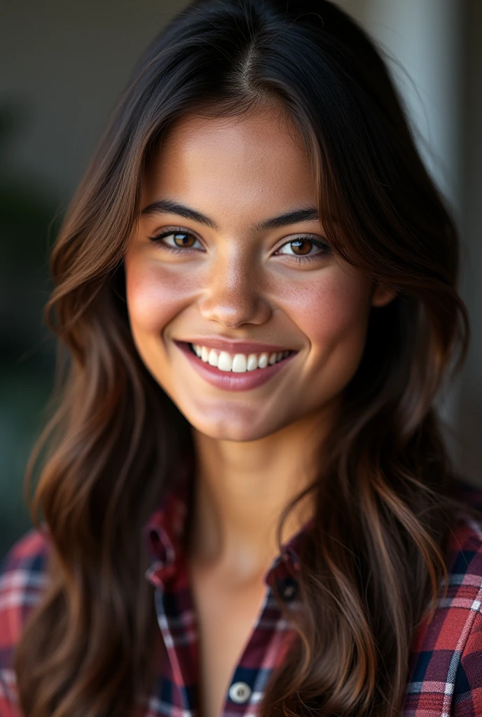 beautiful brunette woman reporter, detailed face, brown eyes, long straight hair, bright smile, looking at camera, close-up, plaid shirt, studio lighting, cinematic angles, high quality, photorealistic, 8k, hyper detailed, dramatic lighting, cinematic atmosphere, storytelling, professional photography, intricate details