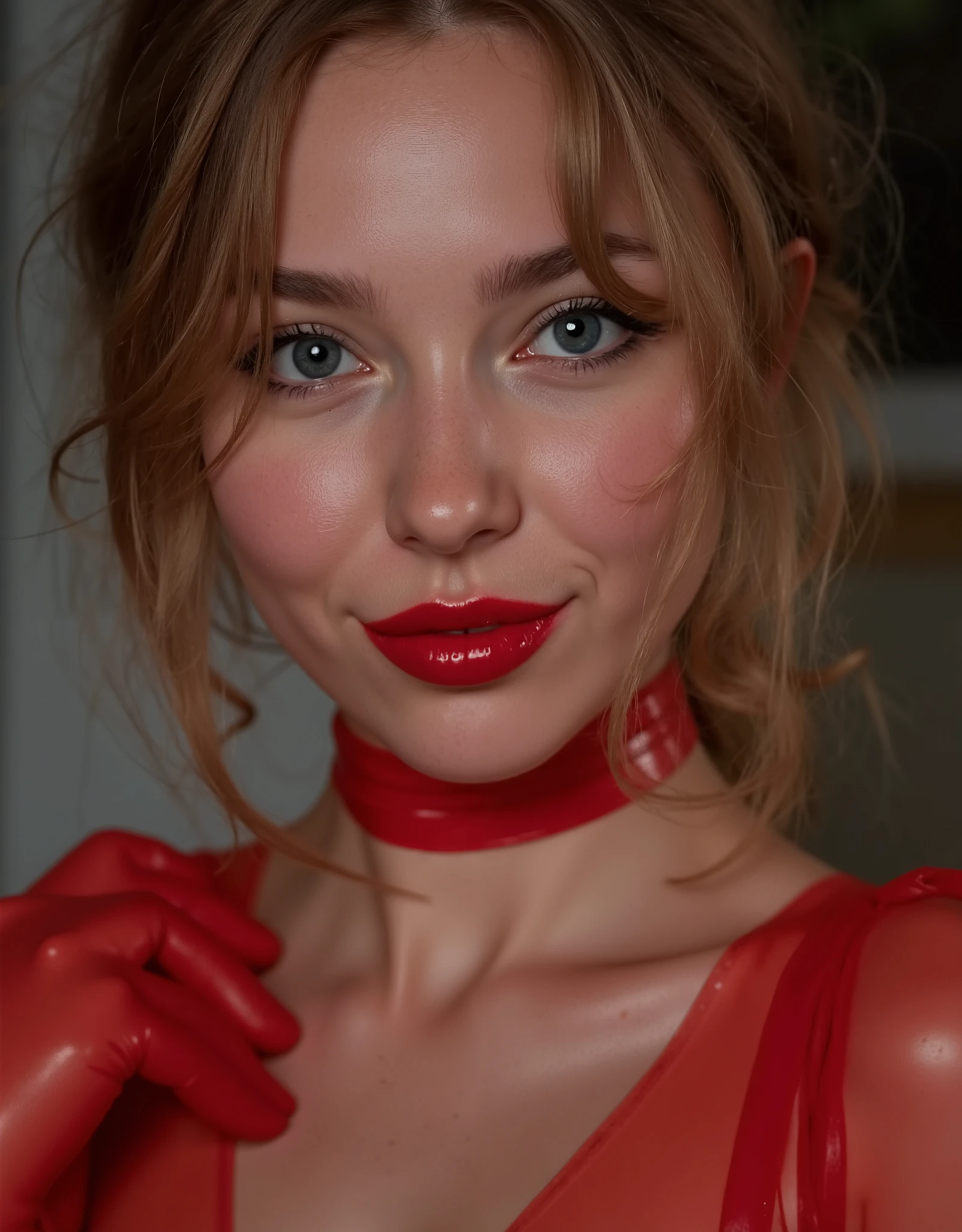 beautiful elegant woman showing her face close up, wearing red latex lingerie, dark red glossy lips, intricate detailed face, detailed eyes, incredible photorealistic 8k, cinematic lighting, dramatic composition, e girl makeup, extreme makeup