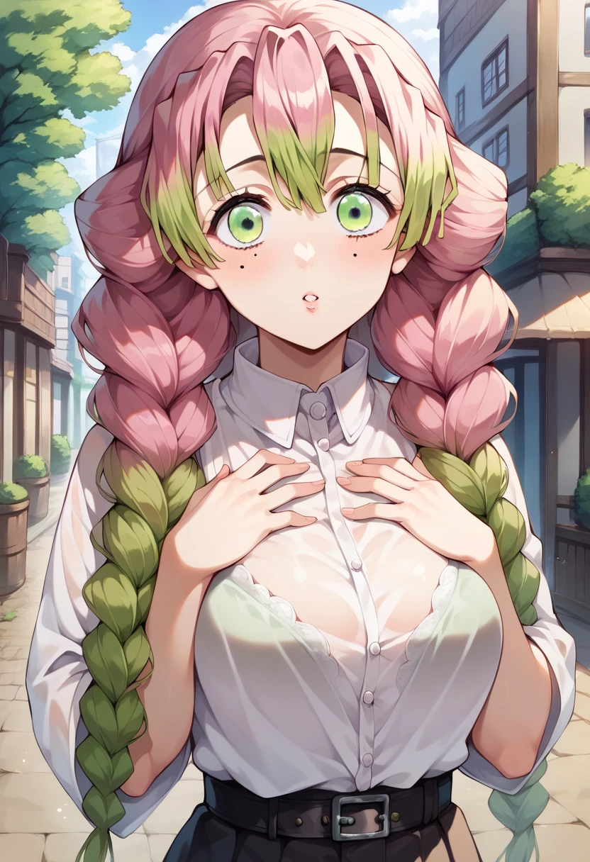 score_9, score_8_up, score_7_up,  source_Anime, Aamitsuri,  long hair,  braided , Multicolored Hair,  green eyes,  mole under eye,  Big Breasts, ((Wearing a see-through blouse)). Home,  outdoor, upper body, hands on own chest,