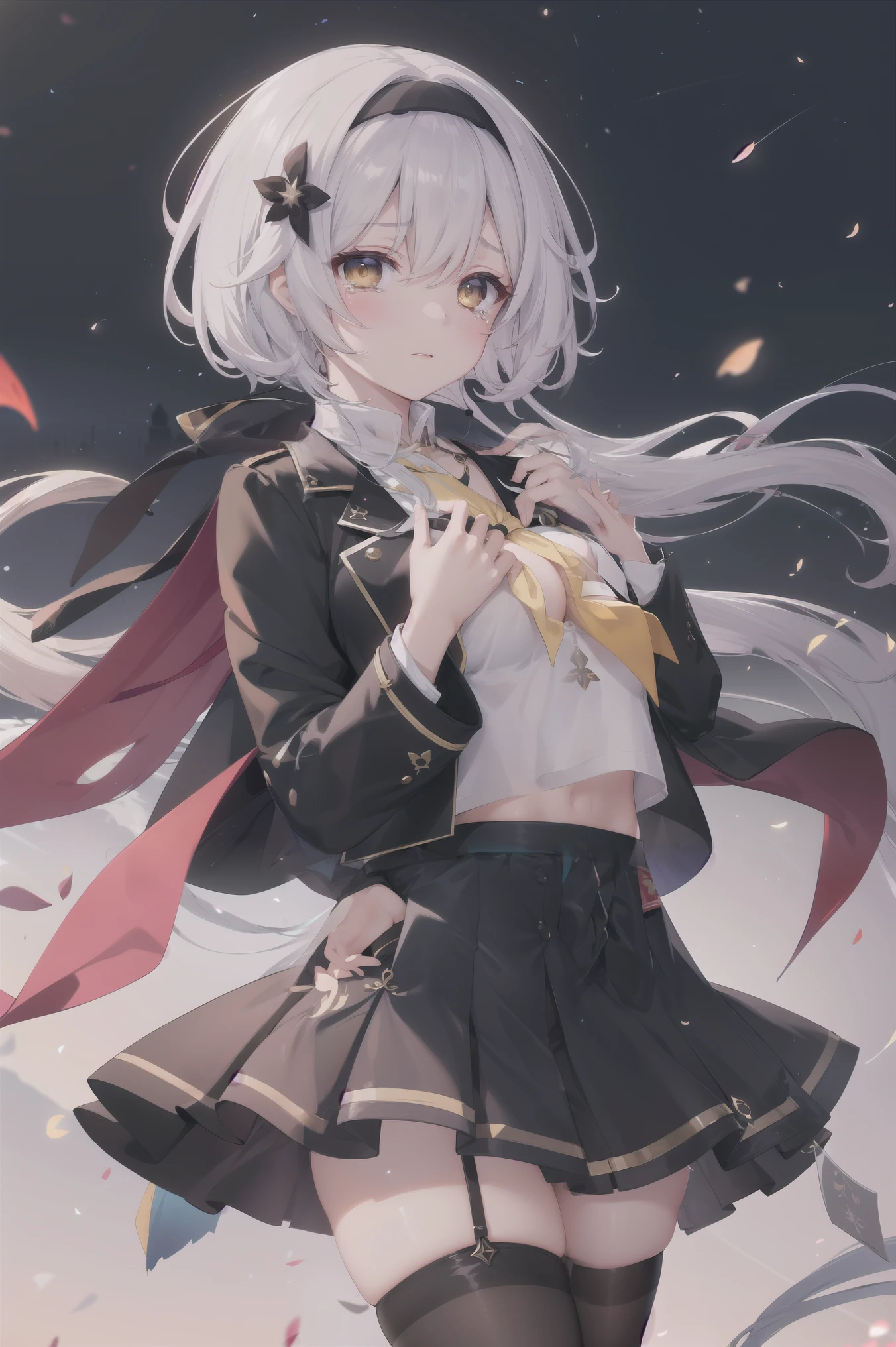 1girl, firefly \(honkai: star rail\), solo, black thighhighs, hairband, gradient skirt, hair ornament, blouse, cropped jacket, yellow neckerchief, cowboy shot, standing, floating, floating hair,  depth of field, hands on own chest, crying with eyes open, bokeh, fireflies, night, masterpiece