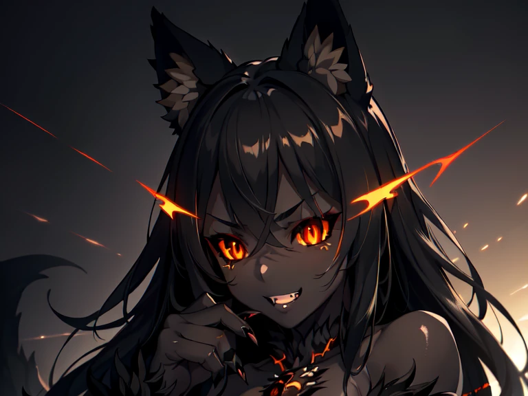 (masterpiece, best quality, high resolution, dark dynamic lighting,:1.3) hhmge ferocious, menacing, wild grin,wide open eyes,, from below, monster girl, black sclera, slit pupils, animal hands, dark skin, grey skin, toned, orange eyes, black fur, wolf paws, dark forest