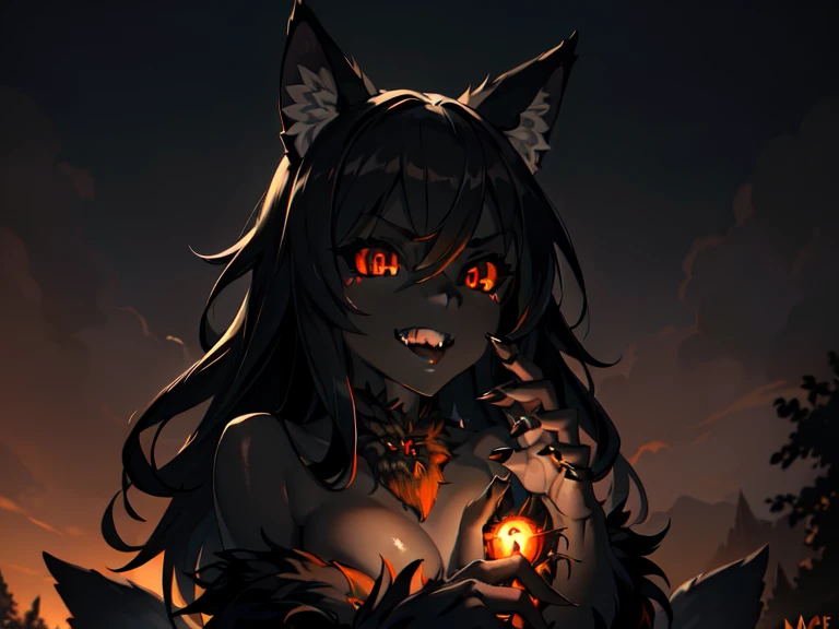 (masterpiece, best quality, high resolution, dark dynamic lighting,:1.3) hhmge ferocious, menacing, wild grin,wide open eyes,, from below, monster girl, black sclera, slit pupils, animal hands, dark skin, grey skin, toned, orange eyes, black fur, wolf paws, dark forest