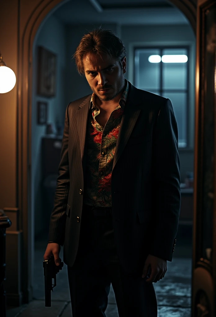 a man in a dark room, suited figure whit beretta gun, film noir style, Hawaiian shirt, leather black jacket, flasjlight to the camera, dramatic lighting, high contrast, moody atmosphere, cinematic composition, chiaroscuro, gritty texture, strong shadows, dramatic pose, focused expression, 1940s style, hints of color, atmospheric environment, rainy night setting, desaturated palette, deep shadows, hard edge lighting, dramatic silhouette, cinematic depth of field, photorealistic, masterpiece, 8k, watch to the camera, Max Payne, lilamaddyson