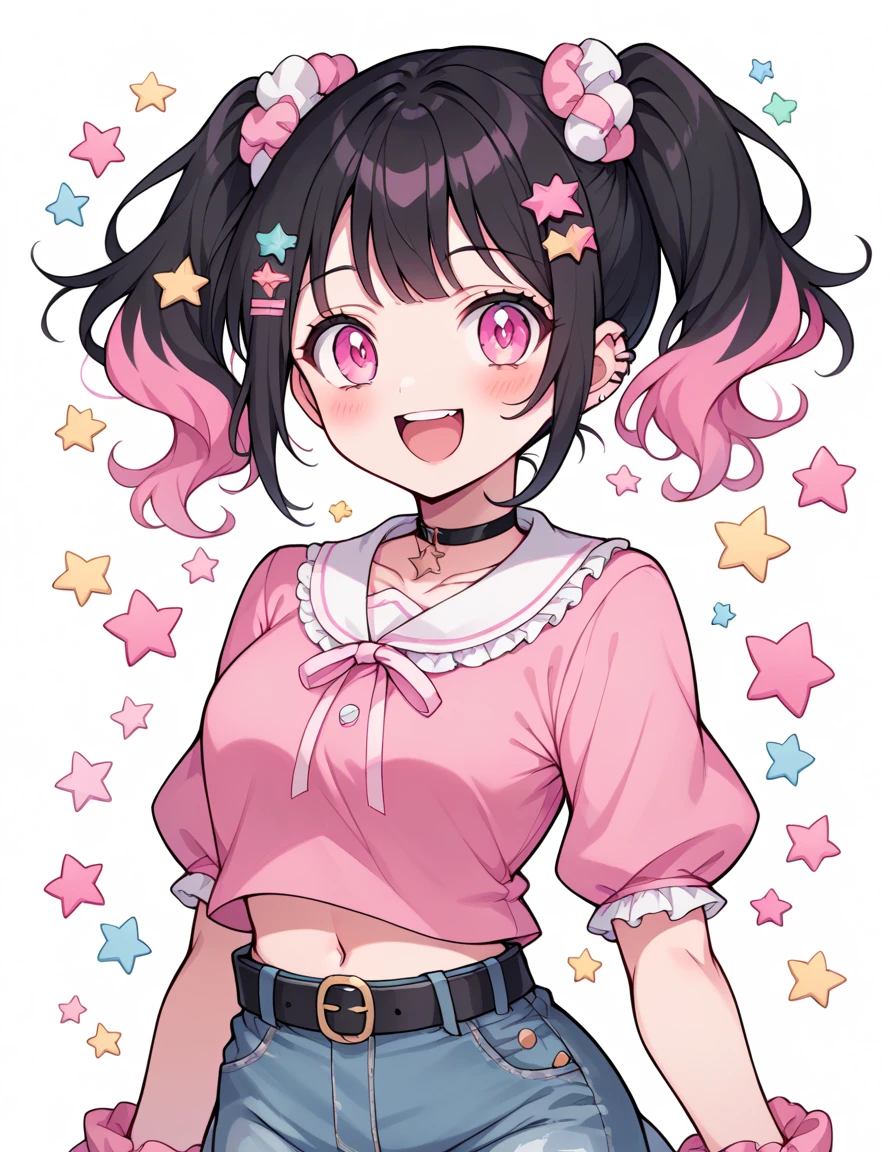 neondskdrmsxl, score_9_up, score_8_up, score_7_up, score_6_up, 1girl, solo, pastel colors, open mouth, ight pink eyes,. body hair: wavy short Hair color: with short black hair and inner pink hair, star , (symbol), starwavy short Hair color: with short black hair and inner pink hair, hair ornament, twintails, looking at viewer, pink eyes, pastel neon lighting, source_anime, neon, neon theme , black hair pink inner.. She wears a cheerful expression and her mouth is open in a smile . the overall style is cheerful and aesthetic "cute". the girl wears a three-layer light blue miniskirt with ruffles . It has a design of three superimposed layers , with black ties on the bottom of each layer . The waist is elastic with purple laces and a black leather belt . } The general style could be described as ta or sweet goth . The girl will wear a pink long-sleeved blouse with bare neckline that reaches her navel and a drawstring detail on the bodice. Underneath she wears a white lace blouse . Japanese Kawaii . The girl is wearing a pair of fluffy Kawaii boots and long white tights