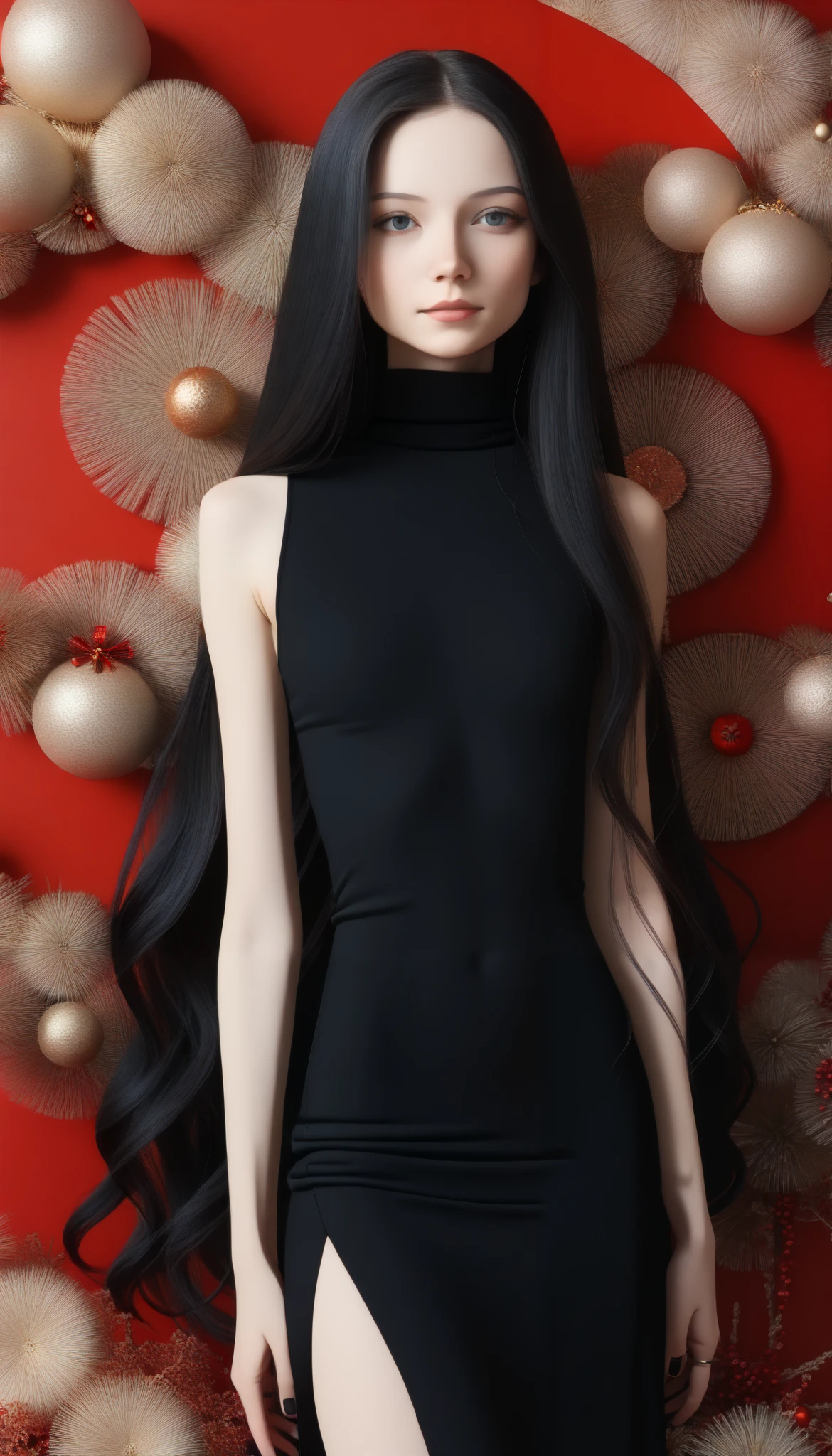 Highest quality、masterpiece、Perfect Anatomy、Center of chest,Black Dress,turtleneck, (((15-year-old girl, Healthily slim body, long hair,  black hair:1.7)))、Small breasts、Small breasts、Flat Chest、Turtleneck knit