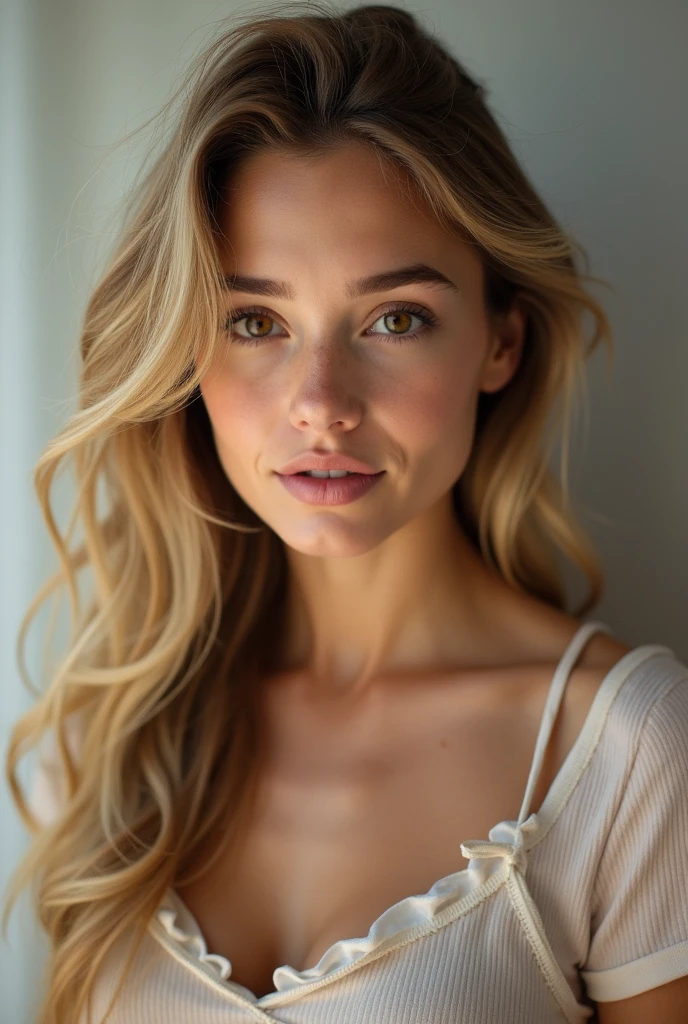 (best quality,ultra-detailed,photo-realistic:1.37),bright and vibrant colors,studio lighting,playful expression,stylish makeup,long blonde hair flowing in the wind,alluring eyes,glossy lips,sexy pose, Archangel, gate of heaven, smiling in a confident and seductive way,posing for a professional photoshoot,shallow depth of field,highlighting the main subject,soft natural lighting,creating a dreamy and magical atmosphere.