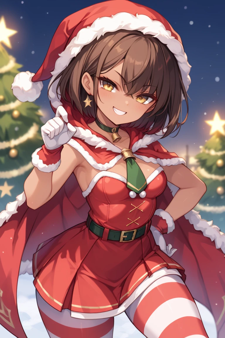 A girl, with a smug look, between closing my eyes ,   brown hair ,   tanned skin,   front view ,  wearing a large  , short bob hairstyle ,   golden eyes  ,   small breasts ,   thick thighs,  wearing a white shirt , wearing a short red vest , wearing a red tie ,   with a hooded Christmas cape ,   wearing long Christmas gloves , wearing long white and red striped pantyhose, with a red skirt 