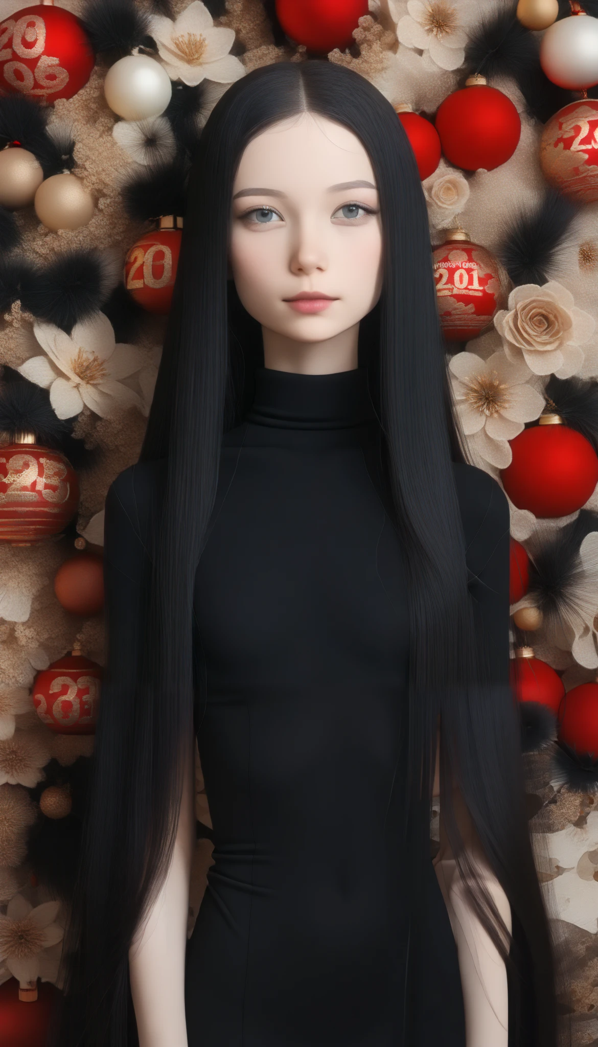 Highest quality、masterpiece、Perfect Anatomy、Center of chest,Black Dress,turtleneck, (((-yeld gi Healthily slim body, long hair,  black hair:1.7)))、Small breasts、Small breasts、Flat Chest、Turtleneck knit