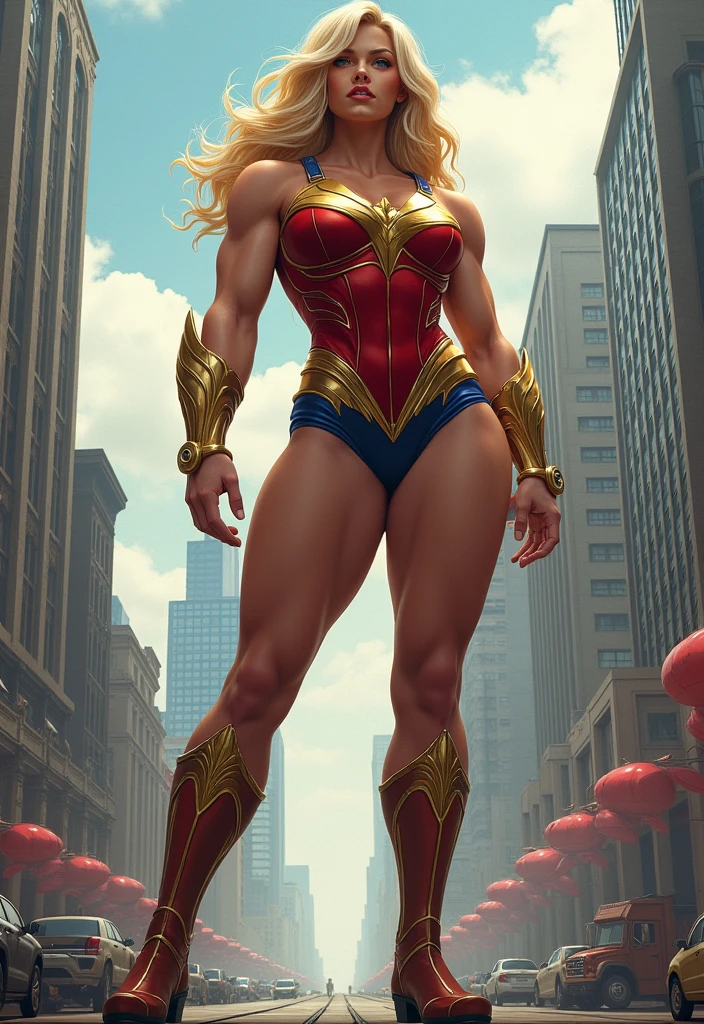 a girl, supergirl, top views, Young Marilyn Monroe as Supergirl， blond，Long hair，blue eyes，Beautiful eyes，Smile，Expression，Lively expressions，Detailed facial description，Rich in details，Blue tight camisole，Red s logo on chest, huge breasts,  The areola is clear，The nipples are huge，，Nipple convexity,  Nipple bulges,Huge ass, Camel toe clear，big legs, plump body,Red triangle thong，High heel boots。Top of a skyscraper，Fly in the air，Rich in details