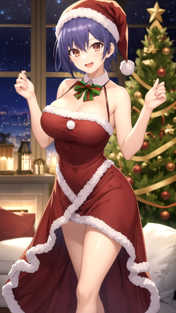 masterpiece, best quality, high quality, girl, solo, looking at viewer, itsuka_shidou, large breasts, merry christmas Dress, standing, smile, open mouth,