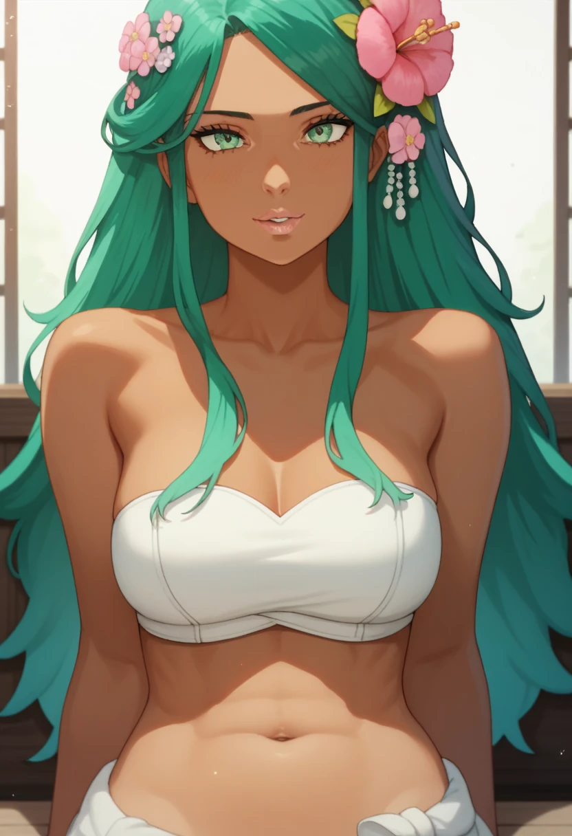 score_8_up, score_7_up, score_6_up, score_5_up, score_4_up, anime screenshot
11girl, solo, dark-skinned female, bare shoulders, green hair, amaliayoung, long hair, breasts, hair flower, navel, strapless,
sitting, upper body, looking at viewer,