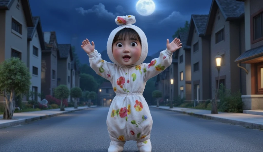 ((side views image)) cute pocong, wearing white kungfu shoes, cheerful expression, on a skateboard, speeding through a housing complex, the night moon shining on his white patterned shroud with colorful flowers. His laughter echoes in the air as he dances with the wind, spreading joy wherever he goes. pixar vibrant color 3D animation image style.