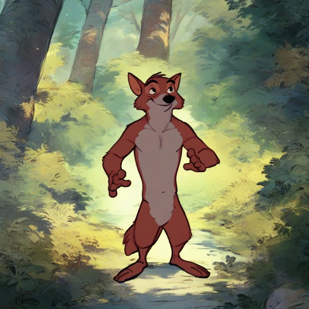 (robinhood:0.8) naked, nude, shirtless, standing in forest, full body view