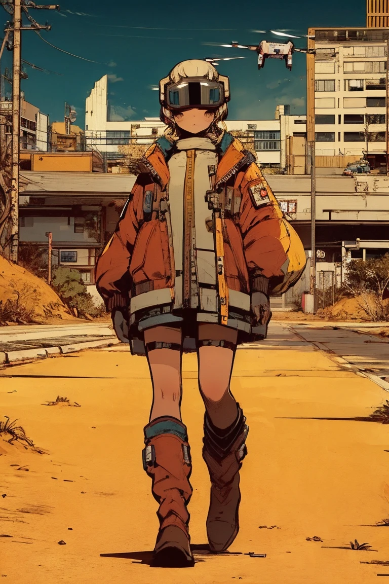 Full body portrait, ( super detailed,  Ultra High Resolution , Detailed Background ),((2D)),(( flat color)),((achromatic )), 1girl,1 Solo,  watching viewers,  loose red flight suit ,  large sheepskin color bomber jacket, (big yellow boots ),  Plush Color , Full body portrait, Put on VR goggles, (( baron desert intracat background )), ((Doomsday City)),   Represent the whole body , (( drone next to her )),pop Art Style