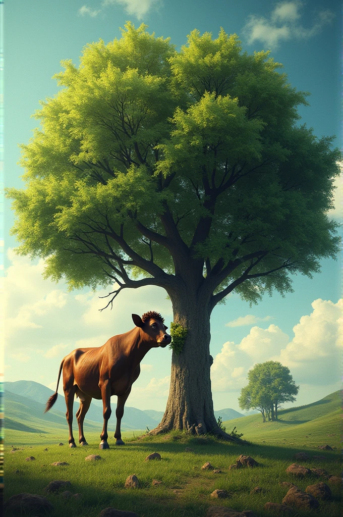 Beautiful tree near the cow and baby seating in the  front 
