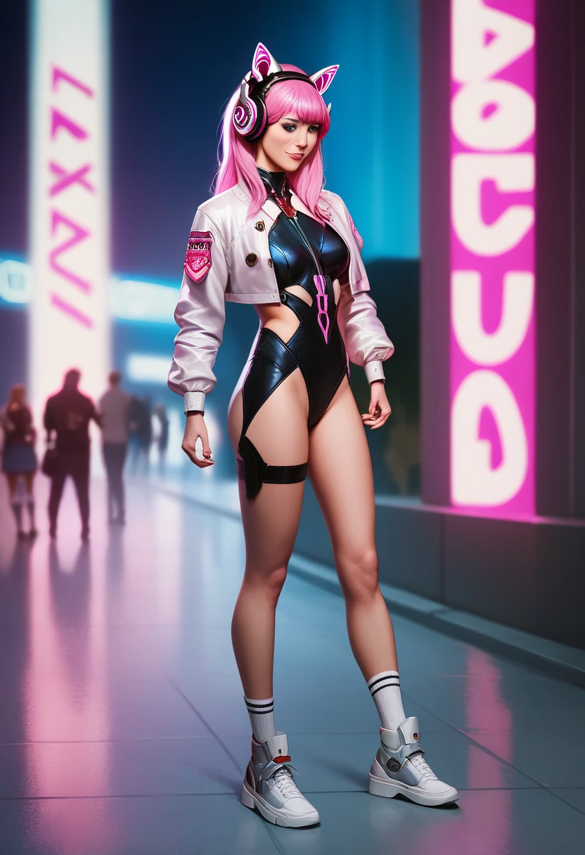  top quality , masterpiece,  realistic, 1 woman, Alone, Full body,  standing ,  visitors, alice  Cosplay  costume,  Cosplay ,  pink hair ,  cropped jacket ,  Animal Ear Headphones ,  bodysuit ,  perfect for the body , socks, distance,  cyberpunk, Neon lights, night,  People ,  science fiction , 