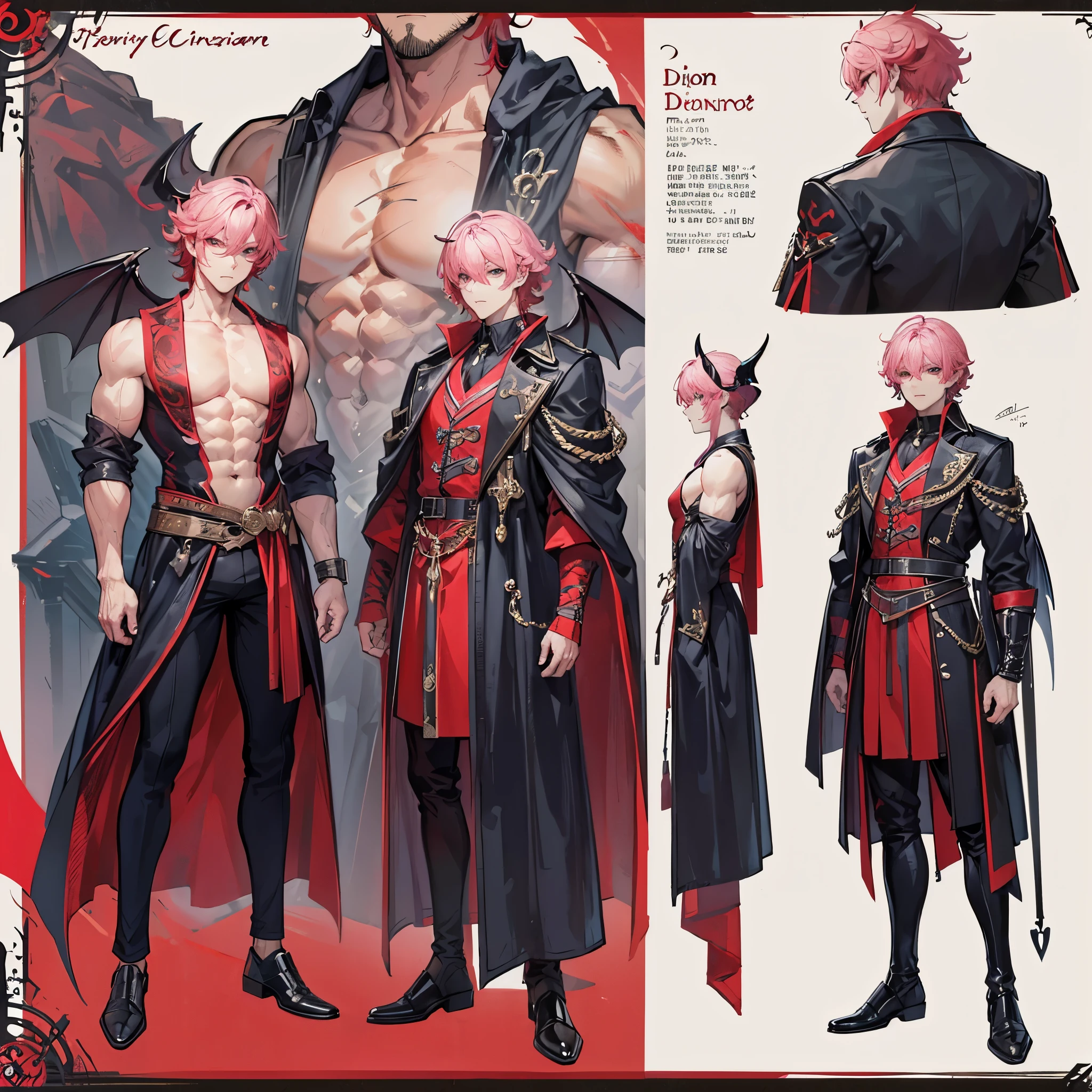 ((Masterpiece, Highest quality)), Male, boy, Detailed face, character design sheet，full body esbian, Full of details, frontal body view, back body view, Highly detailed, Depth, Many parts, Muscle boy with pink hair，handsome man, vampire outfit clothes, Genshin Impact, man tall, pectoral muscles, abs