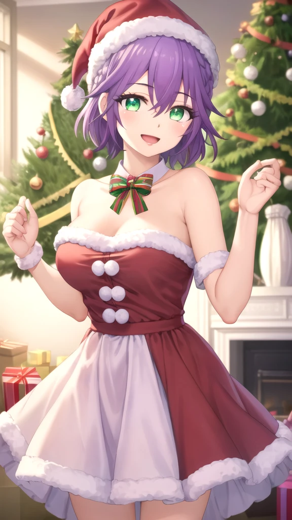 masterpiece, best quality, high quality, girl, solo, looking at viewer, hiro_segawa, purple hair, green eyes, hair between eyes, merry christmas Dress, smile, open mouth,