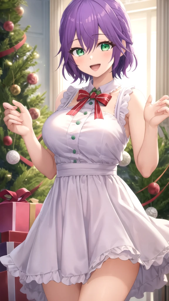 masterpiece, best quality, high quality, girl, solo, looking at viewer, hiro_segawa, purple hair, green eyes, hair between eyes, merry christmas Dress, smile, open mouth,