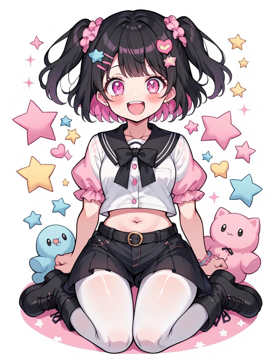 neondskdrmsxl, score_9_up, score_8_up, score_7_up, score_6_up, 1girl, solo, pastel colors, open mouth, ight pink eyes,. body hair: wavy short Hair color: with short black hair and inner pink hair, star , (symbol), starwavy short Hair color: with short black hair and inner pink hair, hair ornament, twintails, looking at viewer, pink eyes, pastel neon lighting, source_anime, neon, neon theme , black hair pink inner.. She wears a cheerful expression and her mouth is open in a smile . the overall style is cheerful and aesthetic "cute". the girl wears a three-layer light blue miniskirt with ruffles . It has a design of three superimposed layers , with black ties on the bottom of each layer . The waist is elastic with purple laces and a black leather belt . } The general style could be described as lolita or sweet goth . The girl will wear a pink long-sleeved blouse with bare neckline that reaches her navel and a drawstring detail on the bodice. Underneath she wears a white lace blouse . Japanese Kawaii . The girl is wearing a pair of fluffy Kawaii boots and long white tights