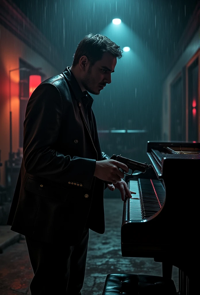 stands at the piano and presses the keys with one hand, a man in a dark room, suited figure whit beretta gun, film noir style, Hawaiian shirt, leather black jacket, flashlight to the camera, dramatic lighting, high contrast, moody atmosphere, cinematic composition, chiaroscuro, gritty texture, strong shadows, dramatic pose, focused expression, 1990s style, hints of color, atmospheric environment, rainy night setting, desaturated palette, deep shadows, hard edge lighting, dramatic silhouette, cinematic depth of field, photorealistic, masterpiece, 8k, watch to the camera, Max Payne, lilamaddyson