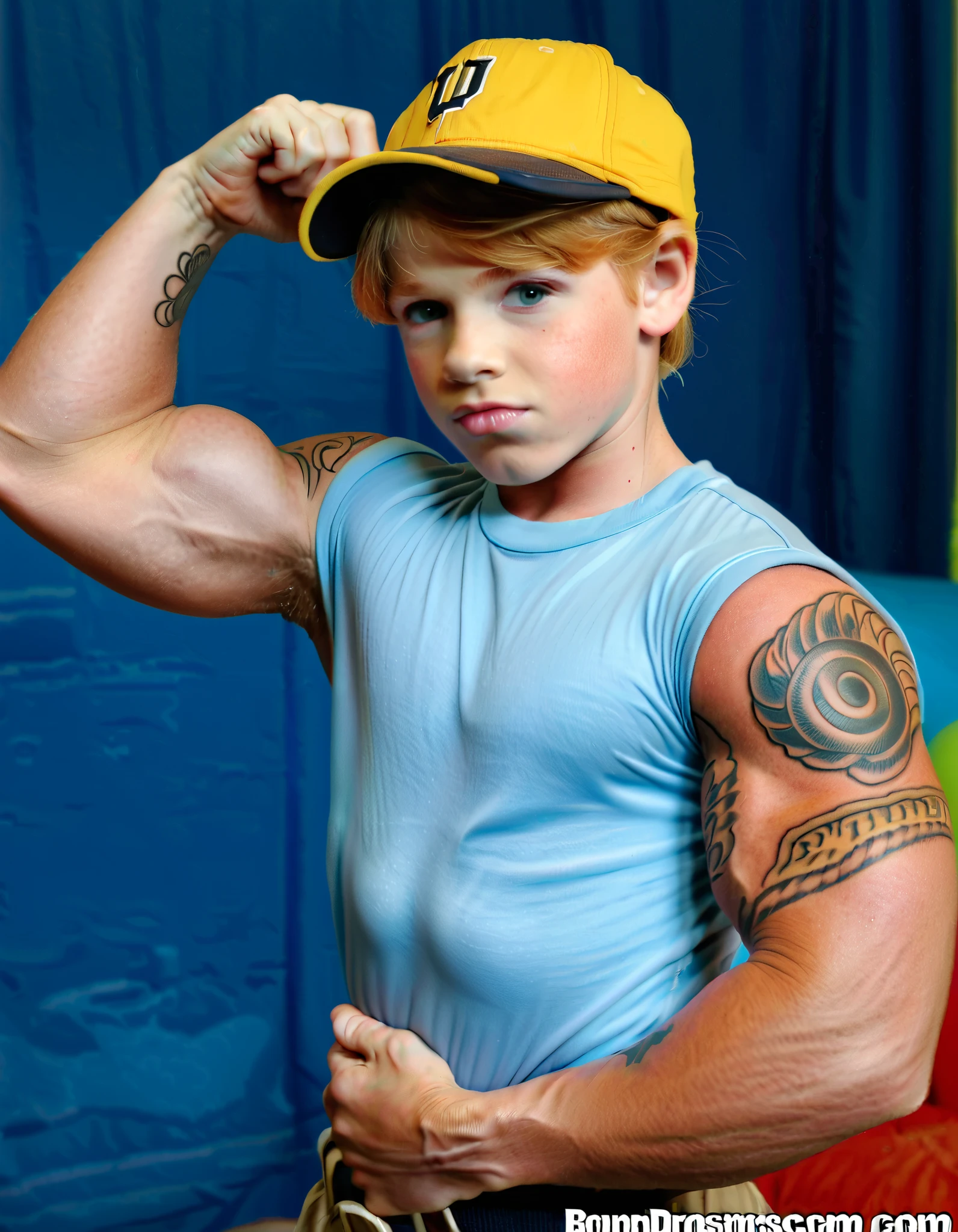 A photo of a super dumb young  male teenager bodybuilder Innocent face idiot expression super muscular blonde redhead handsome dumb face roided giant muscles full kindergartenearing a super tight shirt tight biceps flexing giant ever muscles erect cock penis pale tattooed baseball cap smirk toddler
