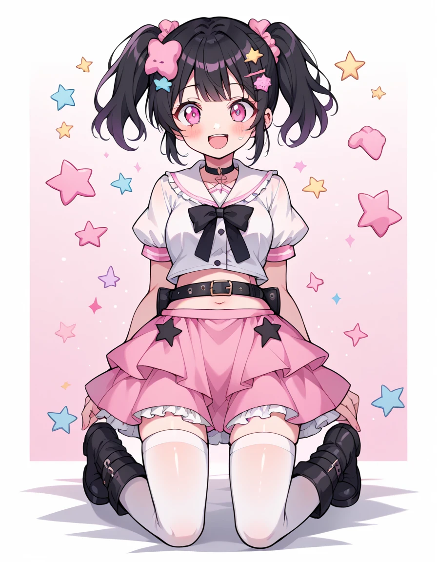 neondskdrmsxl, score_9_up, score_8_up, score_7_up, score_6_up, 1girl, solo, pastel colors, open mouth, ight pink eyes,. body hair: wavy short Hair color: with short black hair and inner pink hair, star , (symbol), starwavy short Hair color: with short black hair and inner pink hair, hair ornament, twintails, looking at viewer, pink eyes, pastel neon lighting, source_anime, neon, neon theme , black hair pink inner.. She wears a cheerful expression and her mouth is open in a smile . the overall style is cheerful and aesthetic "cute". the girl wears a three-layer light blue miniskirt with ruffles . It has a design of three superimposed layers , with black ties on the bottom of each layer . The waist is elastic with purple laces and a black leather belt . } The general style could be described as lolita or sweet goth . The girl will wear a pink long-sleeved blouse with bare neckline that reaches her navel and a drawstring detail on the bodice. Underneath she wears a white lace blouse . Japanese Kawaii . The girl is wearing a pair of fluffy Kawaii boots and long white tights