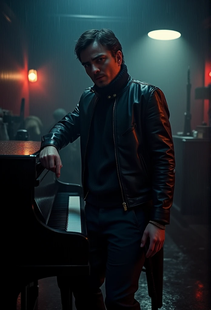 stands at the piano and presses the keys with one hand, a man in a dark room, suited figure whit beretta gun, film noir style, Hawaiian shirt, leather black jacket, flashlight to the camera, dramatic lighting, high contrast, moody atmosphere, cinematic composition, chiaroscuro, gritty texture, strong shadows, dramatic pose, focused expression, 1990s style, hints of color, atmospheric environment, rainy night setting, desaturated palette, deep shadows, hard edge lighting, dramatic silhouette, cinematic depth of field, photorealistic, masterpiece, 8k, watch to the camera, Max Payne, lilamaddyson