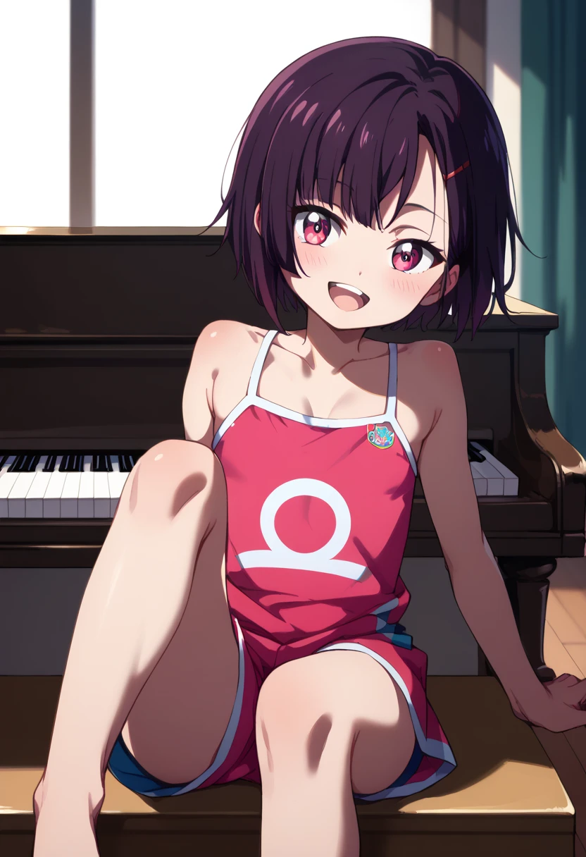 (( top quality)), ((masterpiece)), (be familiar with),  perfect face, indoor, bedroom,  watching viewers,
One woman, Mikazuki Kan,
 open mouth,  ecstatic expression beside the piano, blush, smile,
 small ,  flat chested, Young girl, Lori,  kids,  girl,
Short Hair,  short hair,
Leg spread,