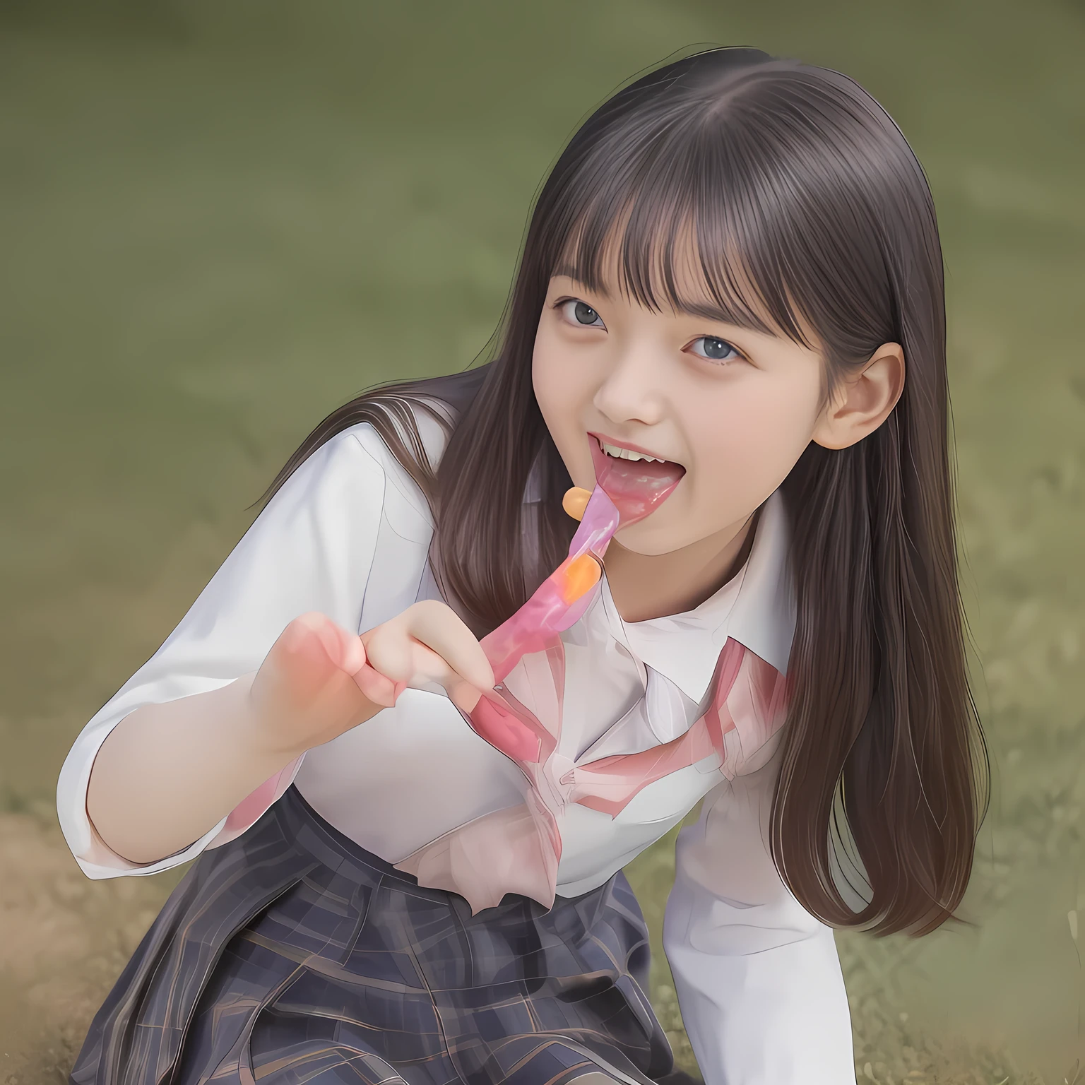 (Highest quality, masterpiece:1.2), Highest quality, High resolution, 1080P, 8k, clearly detailed, low-angle shot, (Some 14yo idol girls are licking and licking a vertical long white candy with long tongue, bending down deeply at waist, and looking down at the floor, bending down deeply at her waist, their shining eyes are looking at the viewer directly, Girls faces are looking down and coming close to the viewer, Low-angle-face-close-shot from below the girls' knees, only altar of succubus in school underground background: 2.0) (Nobly bowing super-pretty shining-long-hair super-beautiful super-bewitching super-cute expensive school-uniform pretty slender 14yo-fashion-model of most-beautiful-school-uniform-girl-models photo-magazine in Japan, too beautiful aristocratic daughter laughing down at the viewer, in supreme bliss, bowing and accepts the viewer's every desire: 1.8), (long bottom eye-slashes, long top eye-slashes), (very bewitching beautiful full-open lips: 1.4), (neat gorgeous school uniform of private high school in Japan. navy-school-blazer with gold-emblem, super-neat navy-blue-lined-tartan-checkered light-sky-blue-pleats-school-skirt, super-girly plain-red ribbon on the breast: 1.5), (bewitching expression, smile, lips, and pose to corrupt the viewer, everything is planned and prepared to corrupt the viewer into the allusion of love towards the girl: 1.2), (clearly detailed foreground focusing on girl's beauty and cuteness, gorgeous blue girly bed background of full-of-girls girly-heaven: 1.2), (some girls are putting her beautiful both hands and fingers on the viewer to tear off the viewer's cloths lustily and forcibly, which may also open the viewer's brain, pouring her girly white ecstasy drool to the viewer: 1.5), (sky-blue school skirt: 1.6), (several golden heart cute accessories)