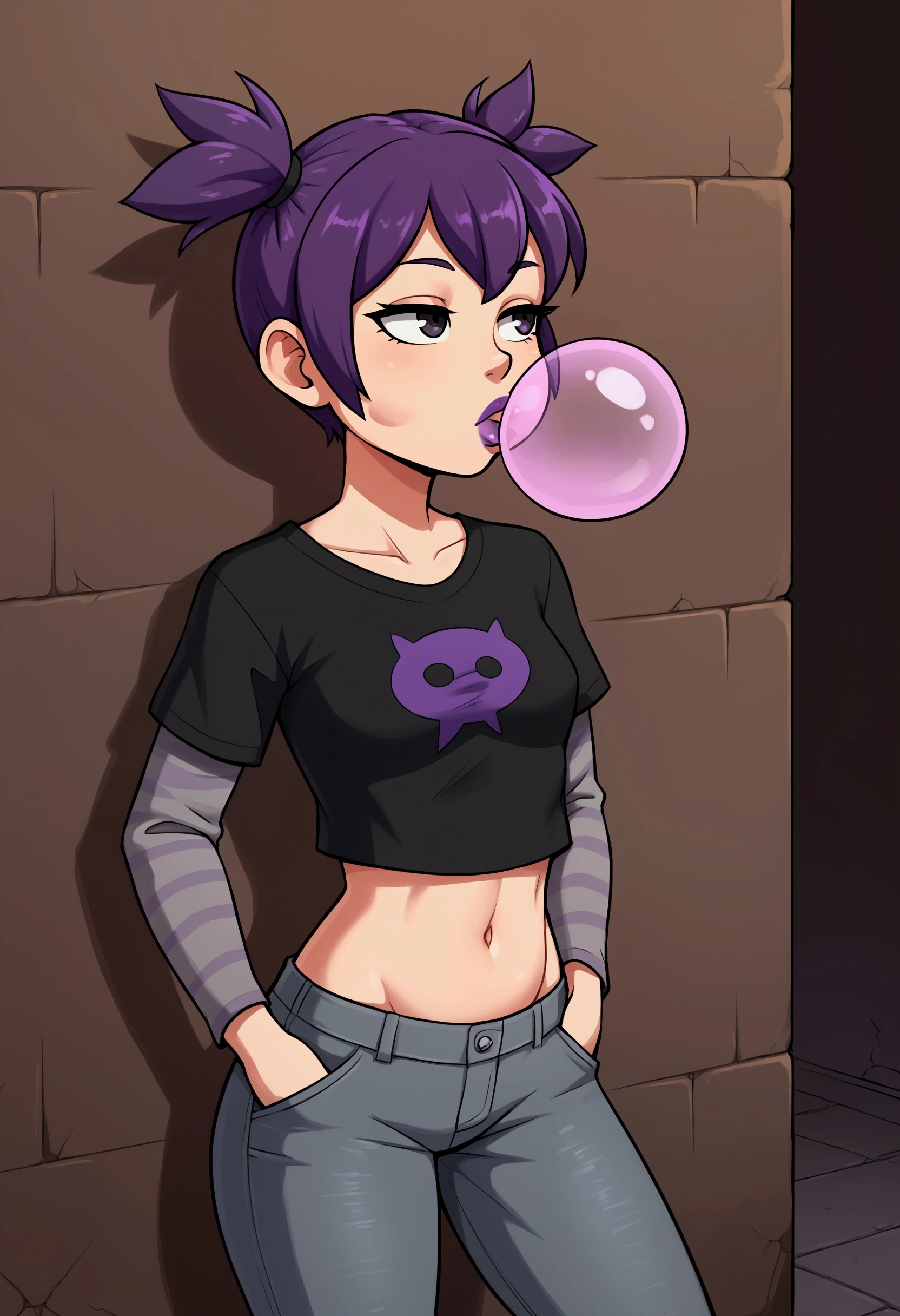 1girl, solo, purple hair, short twintails, gray jeans, taut black t-shirt, long gray sleeves, crop top, midriff, belly, navel, purple lipstick, blowing bubble gum, hands in pockets, against wall, dark alley, nighttime