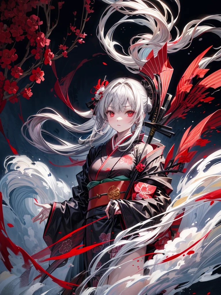 A woman wearing a green samurai kimono with red details, long skirt, horns, long white hair, yellow eyes, on a mountain with fog.
