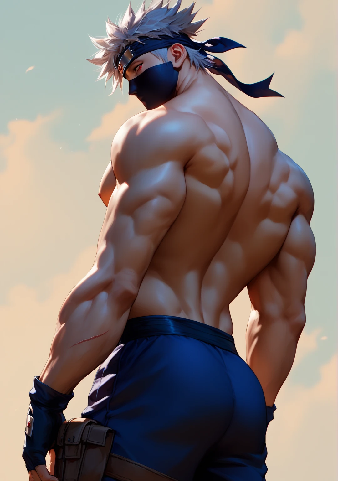 score_9, score_8_up, score_7_up, score_6_up, score_5_up, 1boy, kakashi, grey hair, covered mouth, mouth mask, red eye, scar across eye, forehead protector, from below, from behind, big chest, big thigh, long happy trails, muscular back, big arms, massive arms, back focus, muscular male, nude, blue pants, shirtless, full back