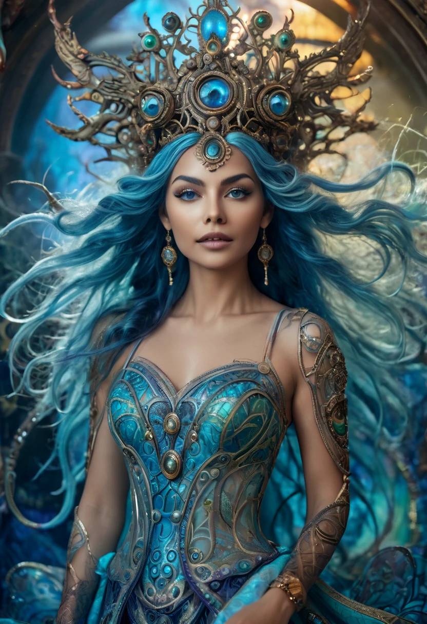 detailed portrait of a beautiful water princess, intricate detailed face, glowing skin, big expressive eyes, long flowing blue hair, elaborate water-themed crown, ornate water-themed dress, standing in a mystical water environment, hyper detailed, 8k, photorealistic, cinematic lighting, muted color palette with blue and aqua tones, dramatic lighting, volumetric fog, stunning fantasy art, A dreamlike surreal tree of life, colorful ethereal smoke, insane hyperdetailed intricate steampunk details, intricate machinery, highly detailed gears, complex mechanical parts, vivid colors, dramatic lighting, cinematic atmosphere, photorealistic, 8k, best quality, masterpiece, conceptual installation fantasy art, execution tool, beautiful woman smiling fearlessly inside (iron maiden), attractive and seductive face, covered in tattoos, superlative body proportion, countless iridescent dust falling, rust, chain, Heaven and Hell fusion, (ultra detailed, absolutely resolution, best quality:1.3), 2.5D, delicate and dynamic, graphic CG digital art