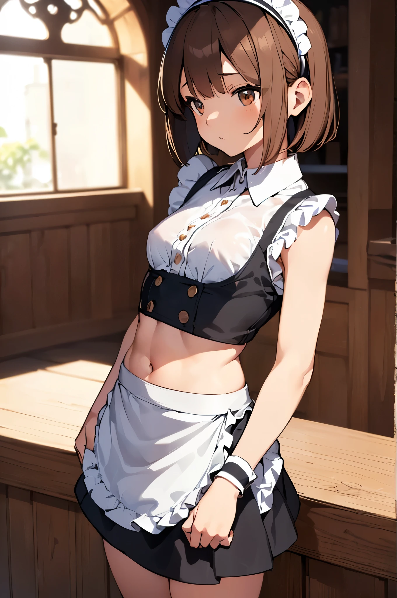 score_9, score_8_up, score_7_up, source_anime, 1girl, dark brown hair, brown eyes, bobcut, hair pin, cat ears, small breasts, eyeglasses, micro bikini maid, headdress, blouse, skirt, apron, areola, cool face, light smile, private room, mansion,