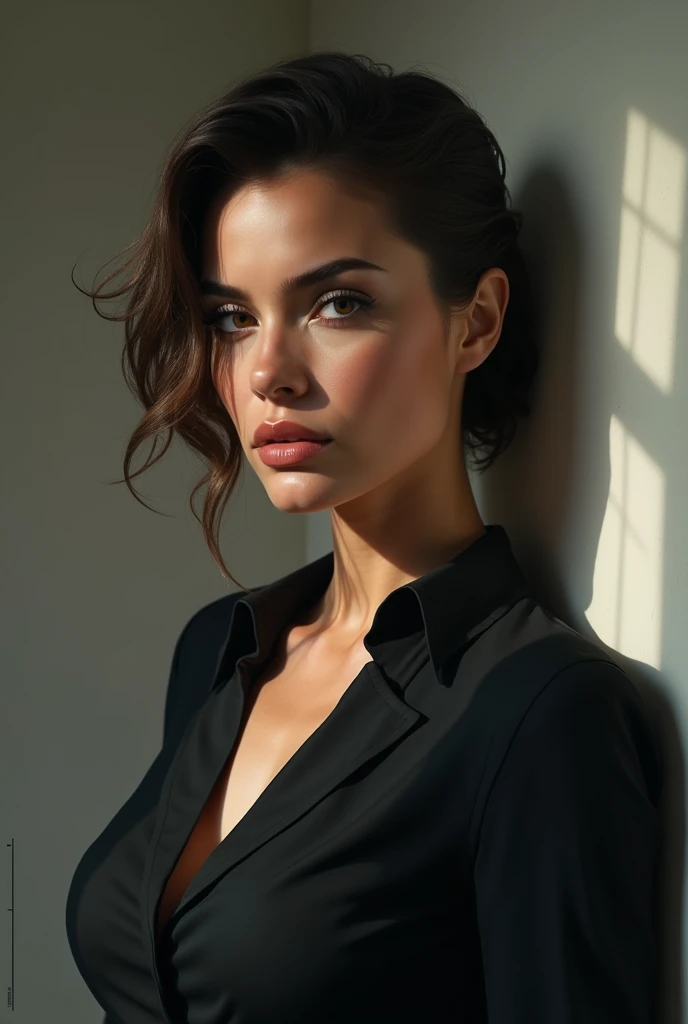 a young italian women, wears a shirt and a blue blazer, underlines her huge breast, studies history of art, successful among men, very sensual