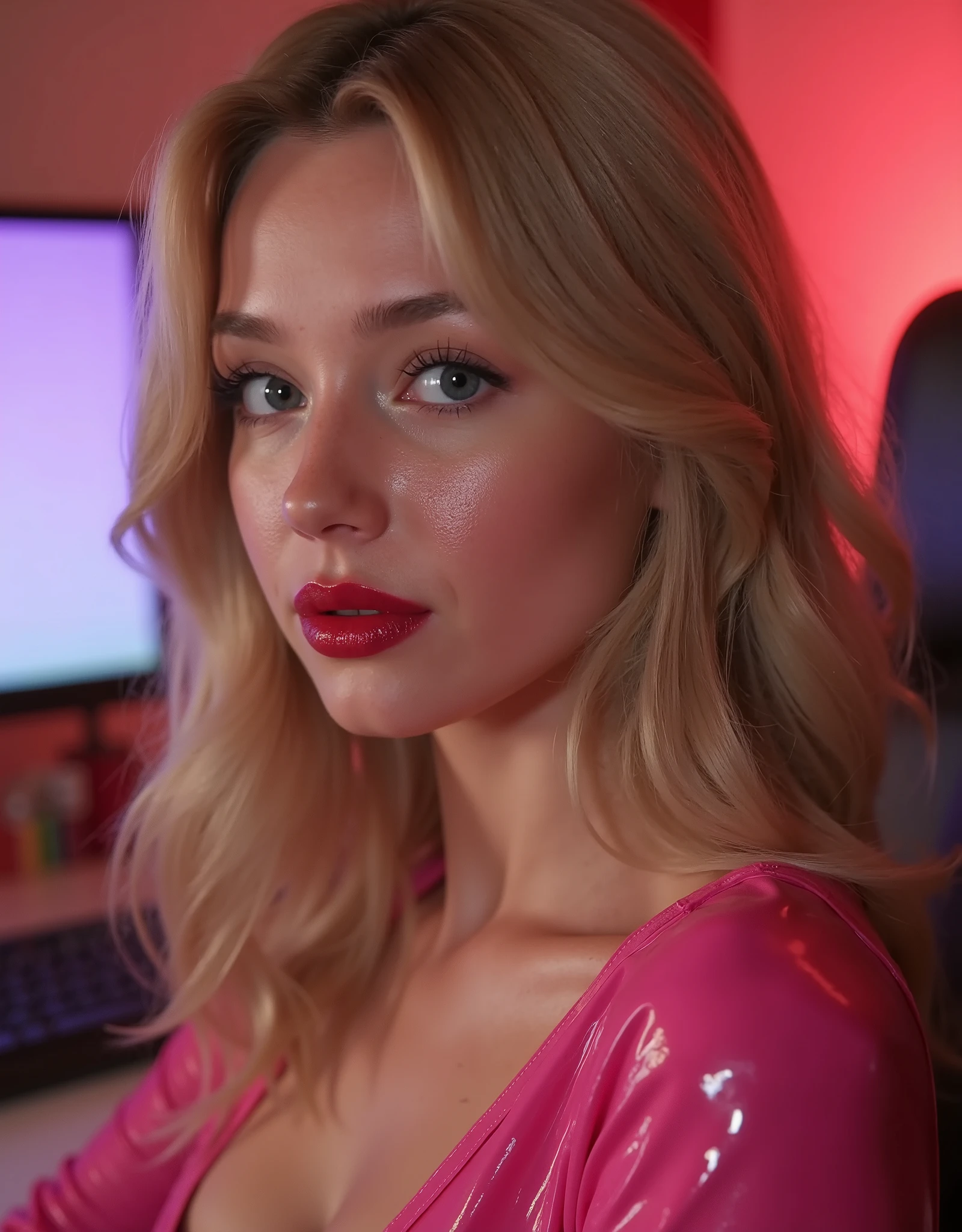 beautiful full body portrait, streamer, e-girl, extremely slutty e-girl makeup, with red lip gloss, freckles, in her room gaming, revealing pink latex outfit, she is on camera, she is being flirty